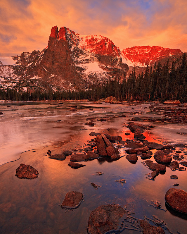Two Rivers Lake,sunrise,Rocky Mountain National Park,Colorado,vertical,alpenglow