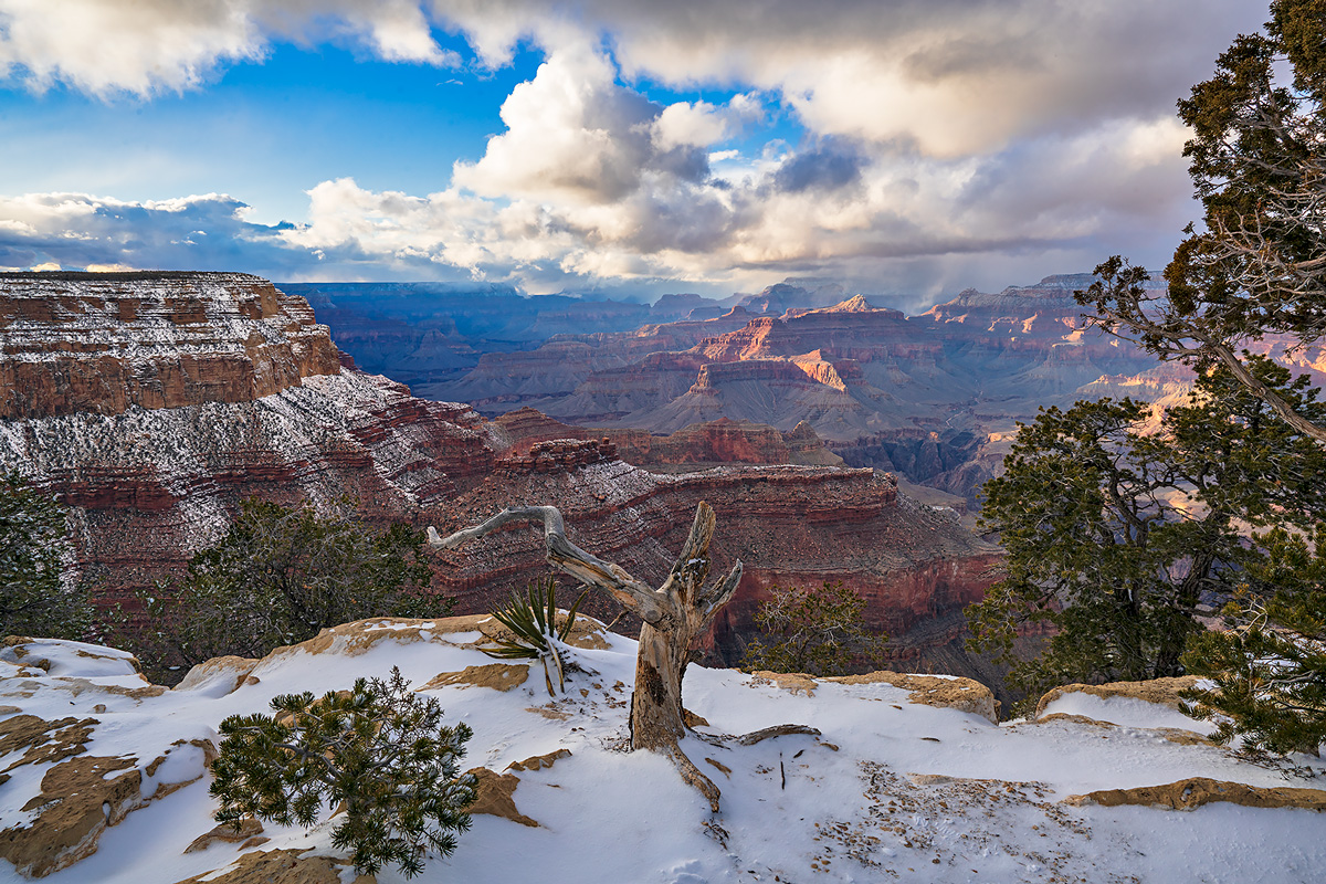 The south rim of the grand Canyon following a winter snowstorm.