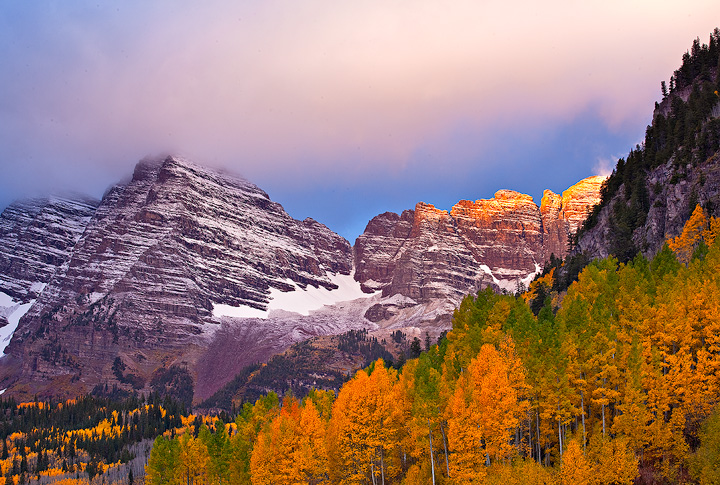 Close up as the sun rises on Maroon Bells.