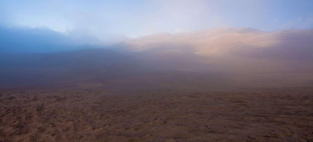 Wide view of the foggy dunes.