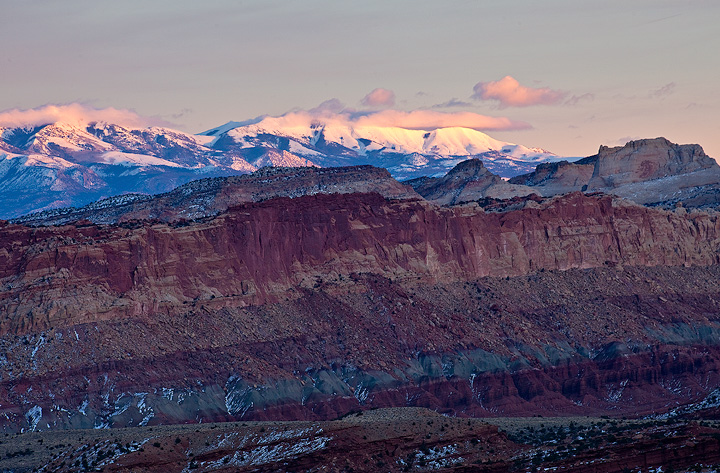 Henry Mountains at sunset, Capitol Reef.