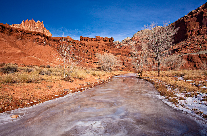 Traditional stop to photograph the Castle from the frozen river, Capitol Reef.