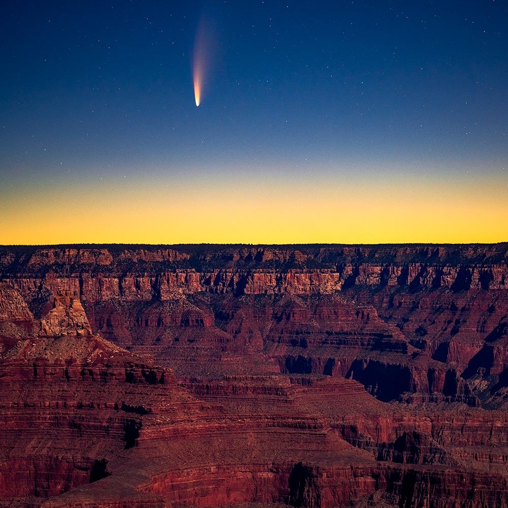 Comet Neowise makes an appearance before sunrise at the south rim of the Grand Canyon.