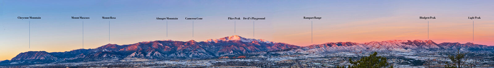 Southern Front Range Pikes Peak and the front range at sunrise, from a high point at UCCS.I can print this image with or without the labels at any...