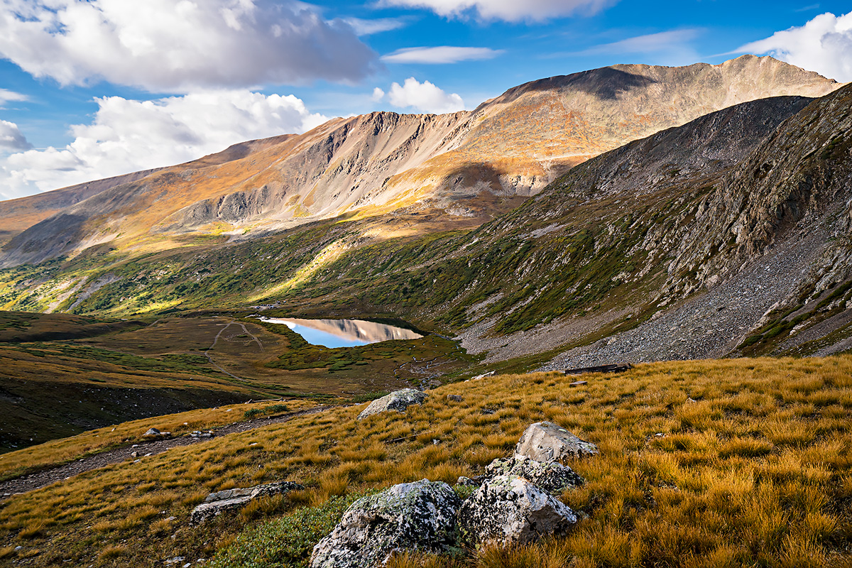 Early fall tundra overlooking Kite Lake from the slopes of 14,000+ foot Mount Democrat.