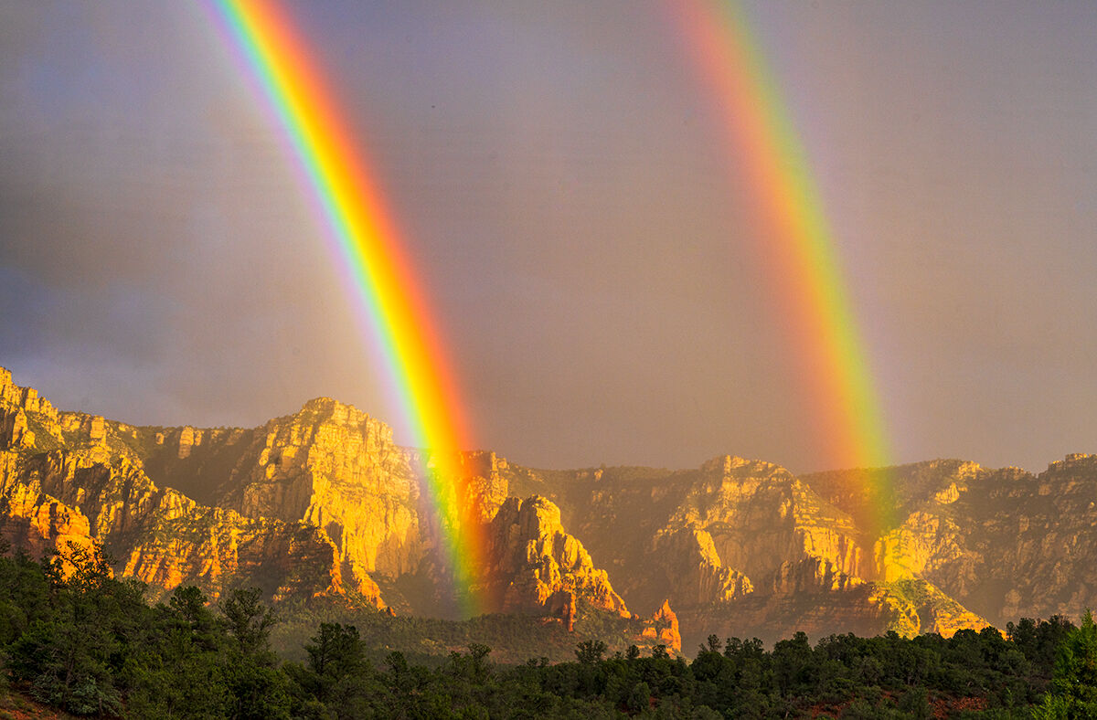 A double rainbow appears just outside my gallery in Sedona after an afternoon shower.